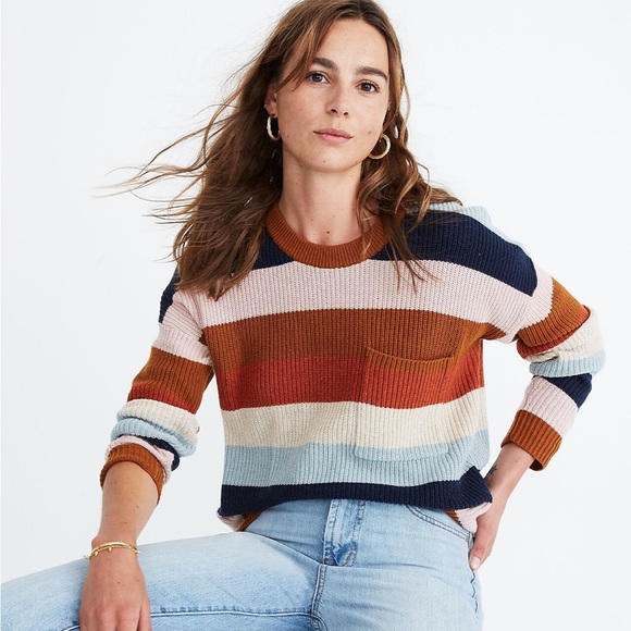 Madewell Thompson Pocket Pullover Sweater In Rainbow Stripe - Picture 1 of 5